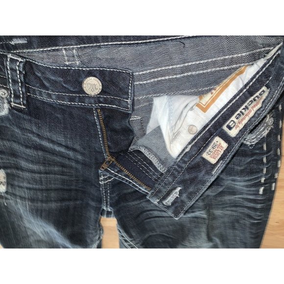 MEK DENIM Sz 29 32 St. Louis Easy Bootcut Dark Wash Denim Jeans Distressed EUC - Picture 7 of 9